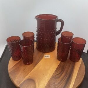 MCM Anchor Hocking Ruby‎ Red Pitcher&6glasses